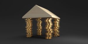 Pic of house being supported by pillars made of coins.